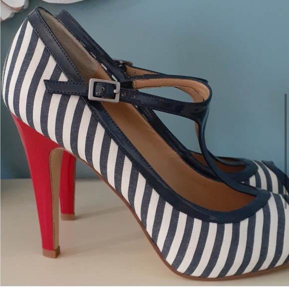 Nautical Sailor Navy Blue White Red Stripe Sailor Strappy 3.5 inch Heels - Picture 3 of 6